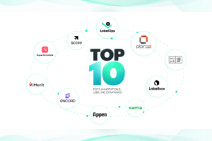 Top 10 graphic featuring logos of leading data annotation and labeling companies