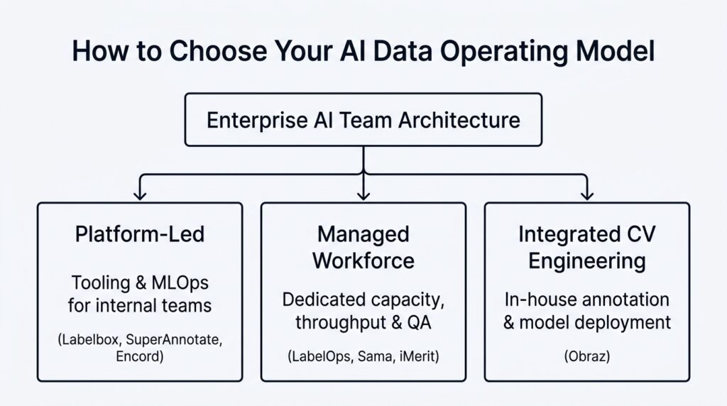 Decision tree diagram illustrating how enterprise AI teams choose between platform-led, managed workforce, and integrated CV engineering models.