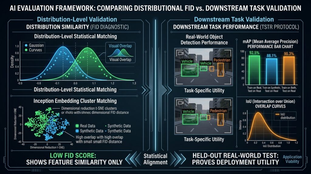 Infographic comparing distribution-level Fréchet Inception Distance (FID) feature matching against downstream task performance benchmarks under TSTR.