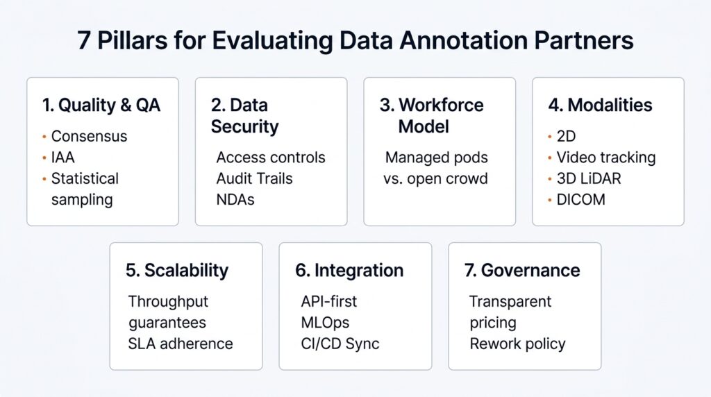 Infographic illustrating the 7 critical pillars enterprise AI teams evaluate when selecting a data annotation partner.