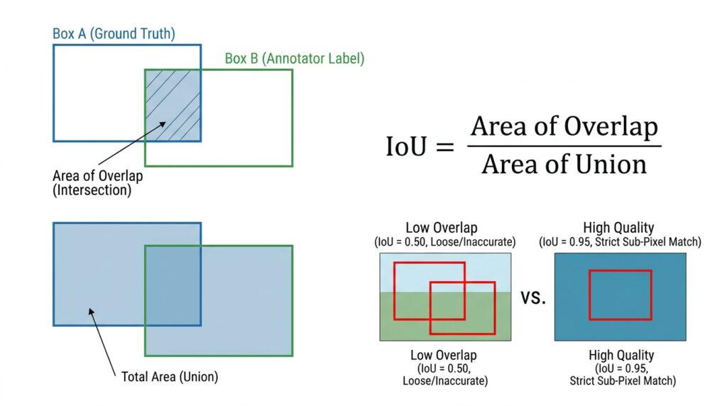 Intersection over Union (IoU) consensus diagram showing area of overlap divided by area of union for bounding box and polygon annotation accuracy