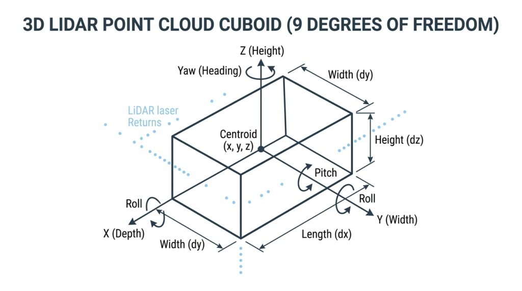 3D LiDAR point cloud bounding cuboid diagram illustrating 9 Degrees of Freedom with spatial coordinates, metric dimensions, and rotation angles