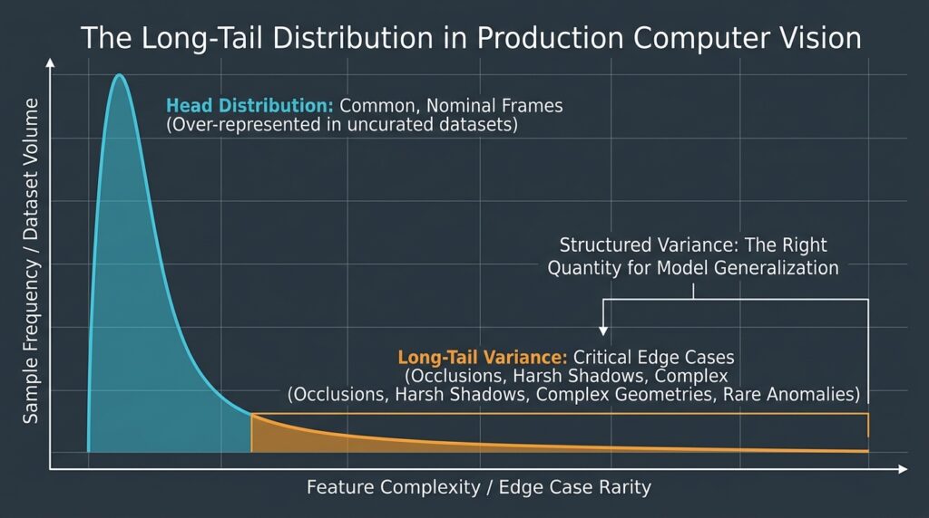 Graph showing the long-tail distribution in production computer vision datasets where head data is over-represented and structured variance captures critical edge cases