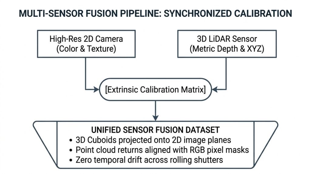 Multi-sensor fusion pipeline flowchart showing high-resolution 2D camera and 3D LiDAR data synchronized through an extrinsic calibration matrix
