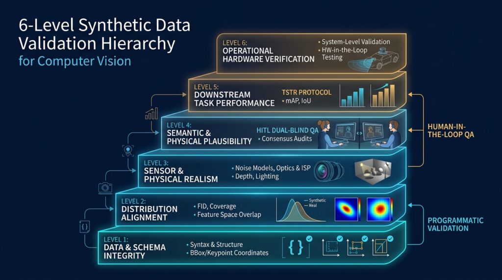 Diagram illustrating the 6-Level Synthetic Data Validation Hierarchy spanning schema integrity, distribution alignment, sensor realism, HITL plausibility, task metrics, and hardware testing.