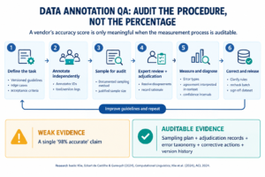 Six-step data annotation quality assurance infographic showing data intake, AI-assisted labeling, consensus checks, expert review, automated validation, and dataset export