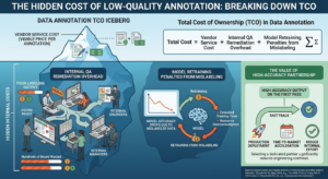 Infographic explaining the total cost of ownership (TCO) in data annotation, highlighting how high-quality data annotation reduces QA effort, remediation costs, model retraining, and AI project delays.